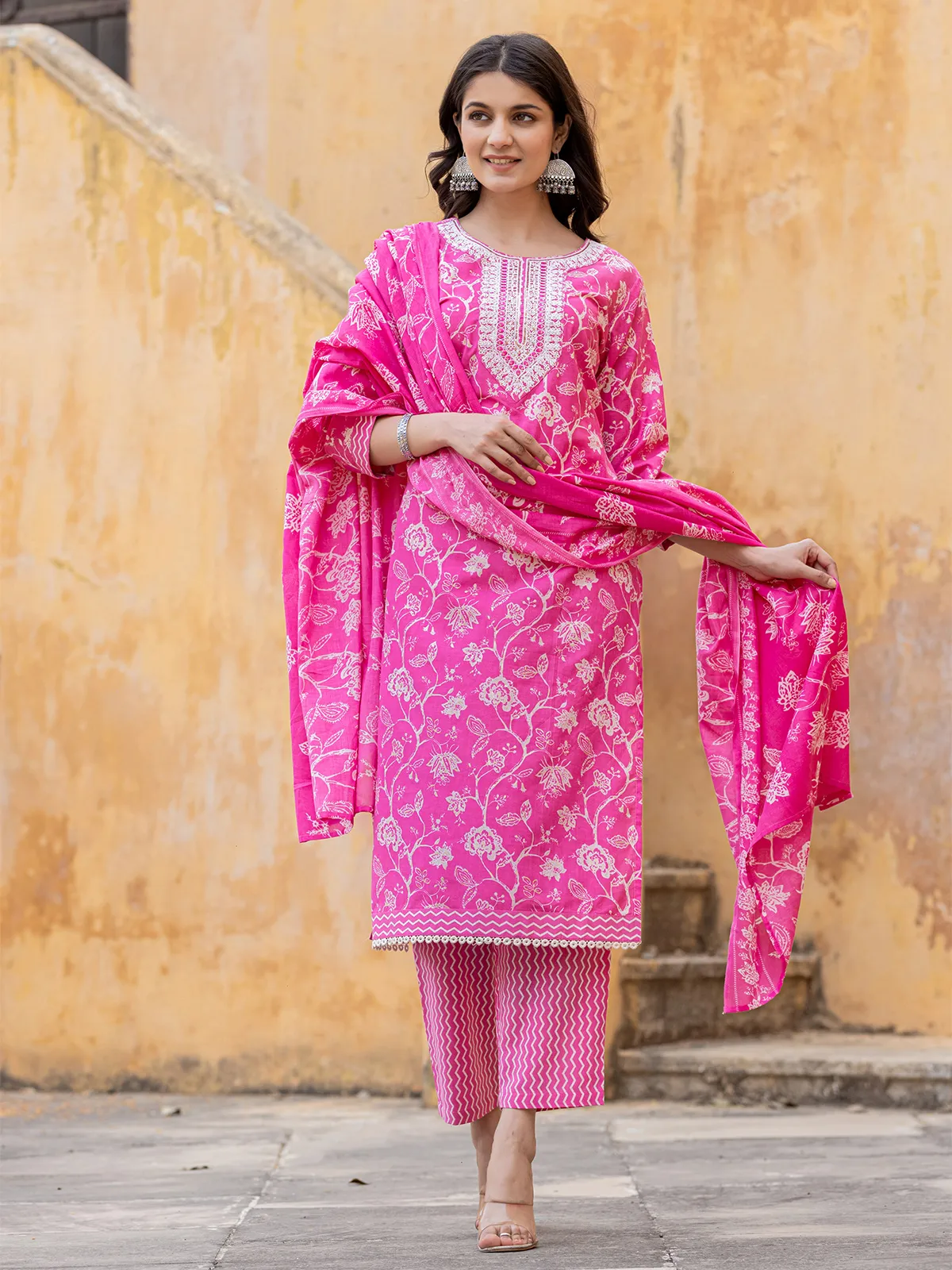 Magenta cotton floral printed kurti set