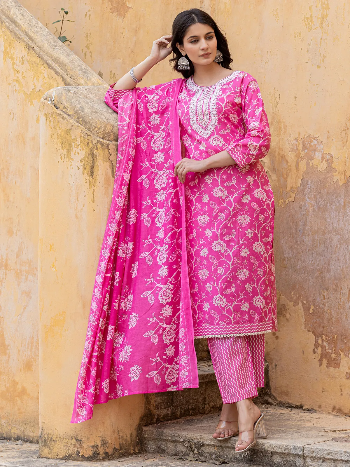 Magenta cotton floral printed kurti set