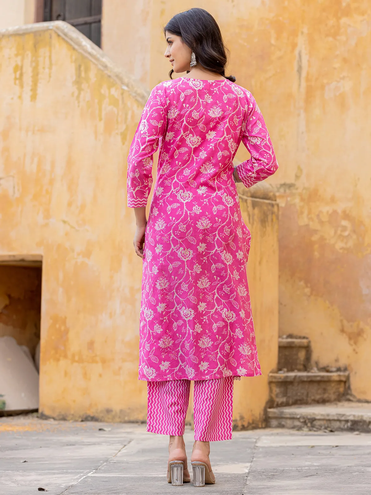 Magenta cotton floral printed kurti set