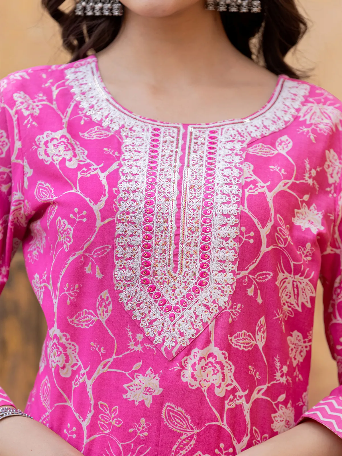 Magenta cotton floral printed kurti set