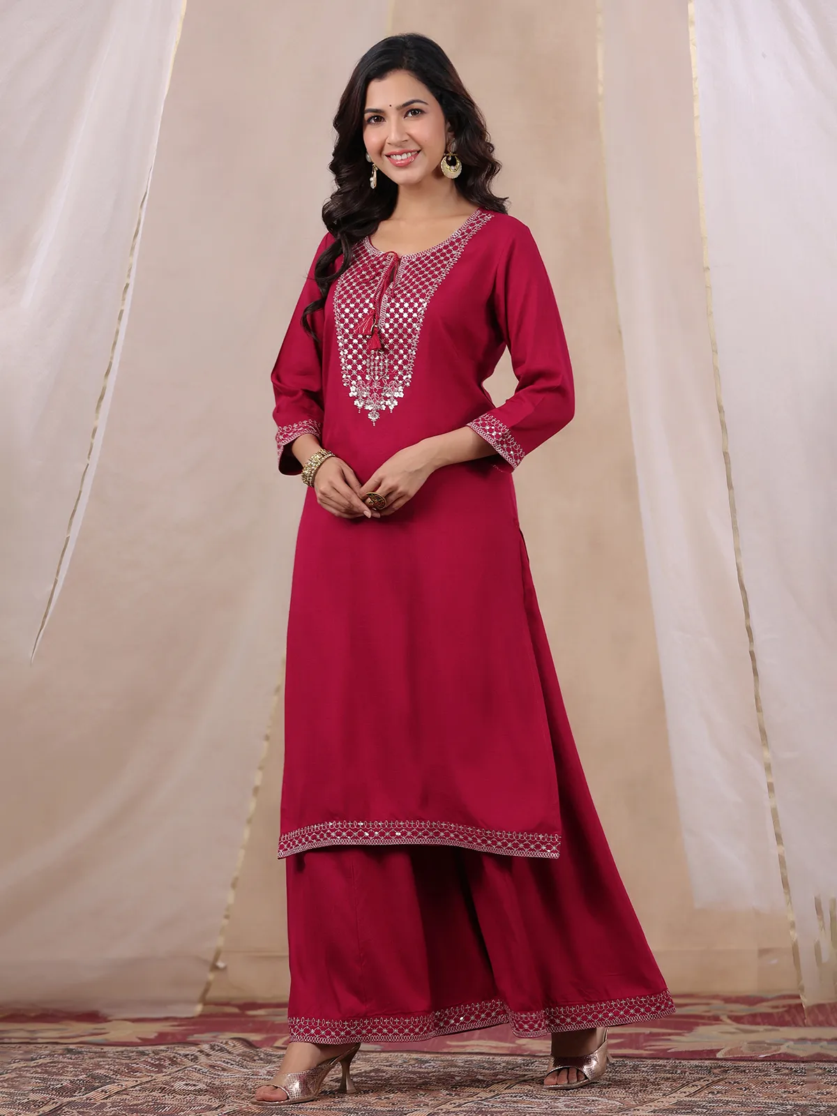 Magenta cotton palazzo set for casual