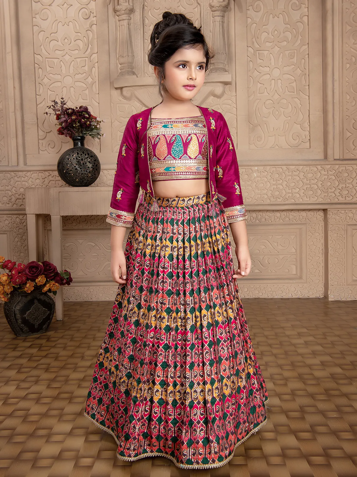 Magenta jacket style printed lehenga choli