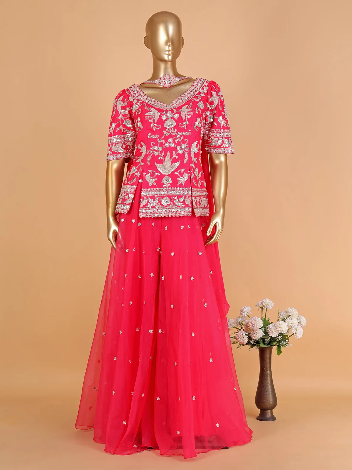 Magenta palazzo set with choker dupatta