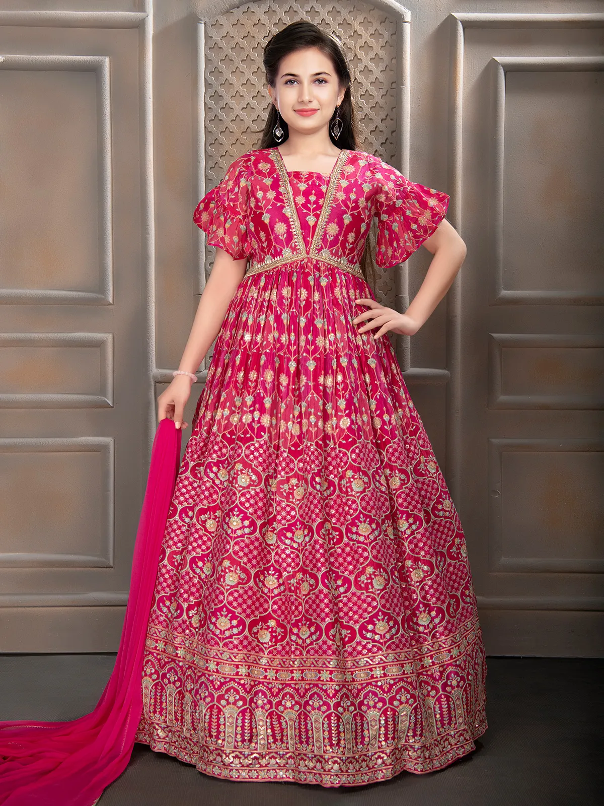 Magenta printed anarkali floor length suit