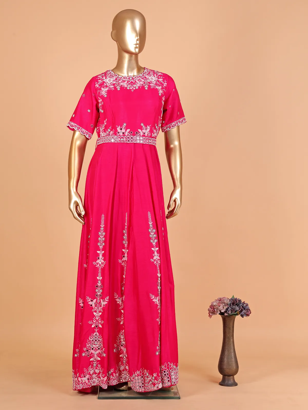 Magenta raw silk floor-length suit