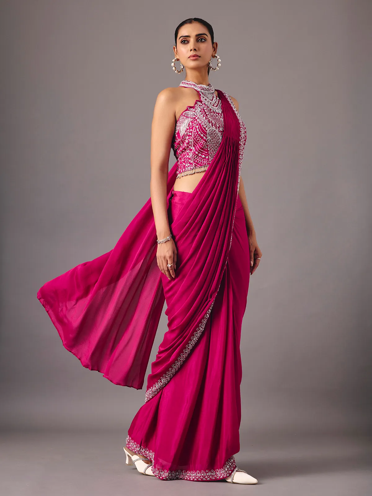 Magenta ready to wear saree with embellished halter blouse
