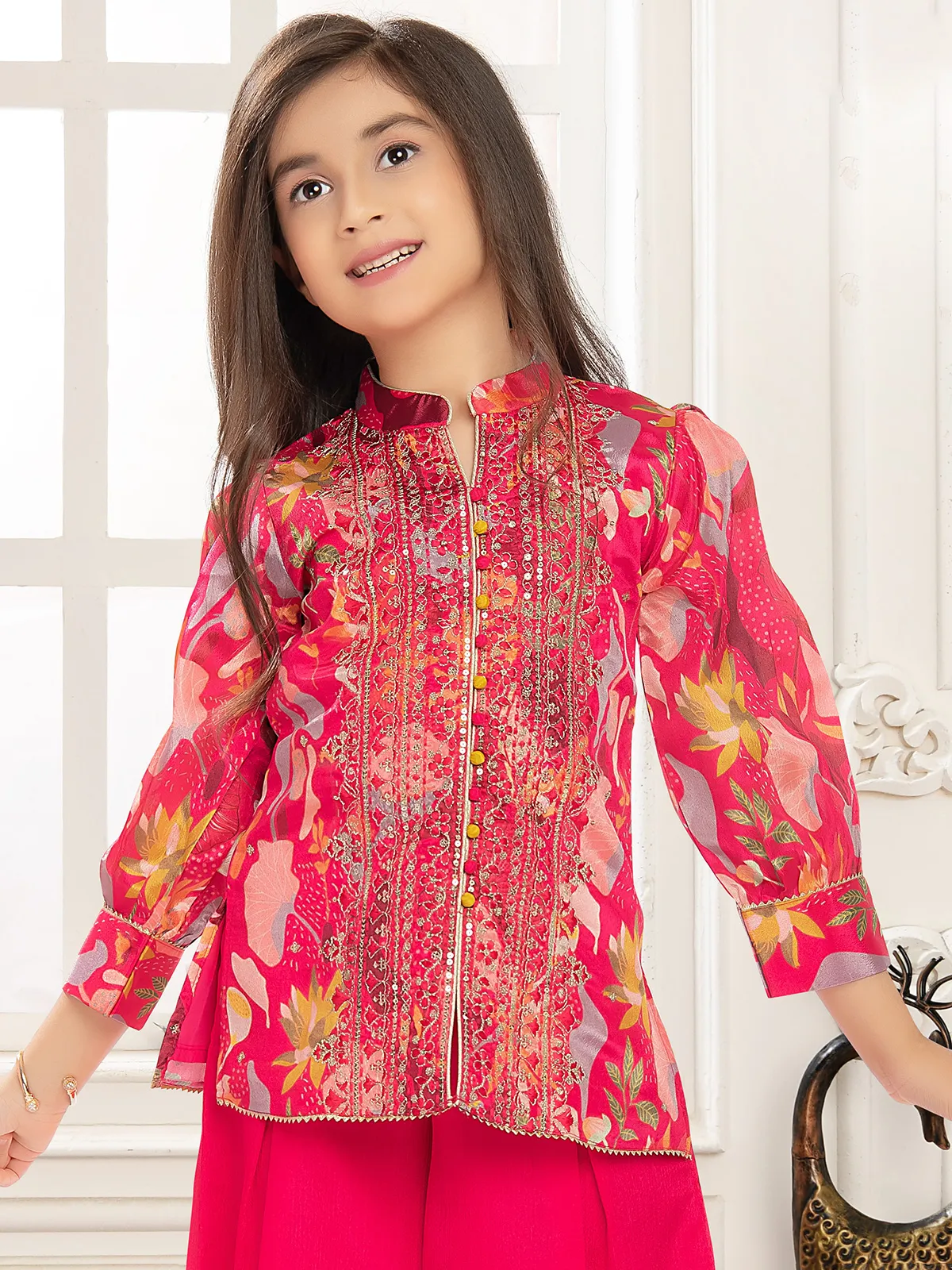Magenta silk palazzo suit with printed
