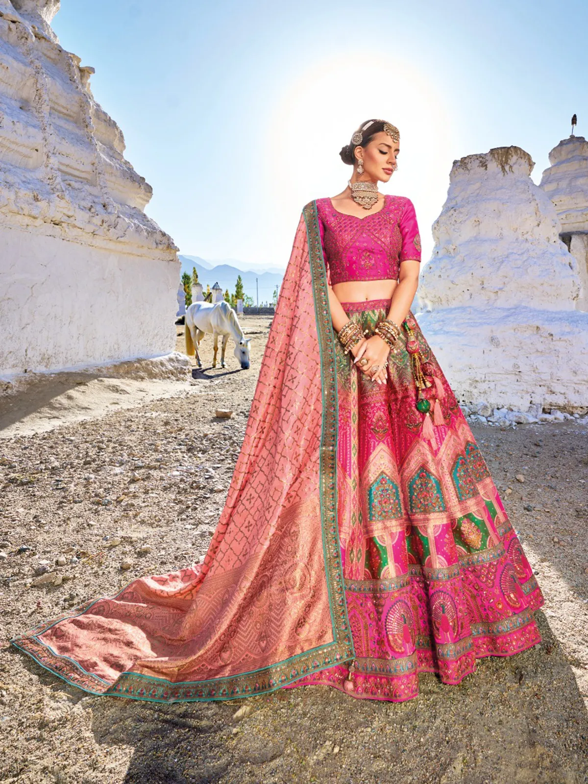 Magenta unstitched banarasi silk lehenga choli