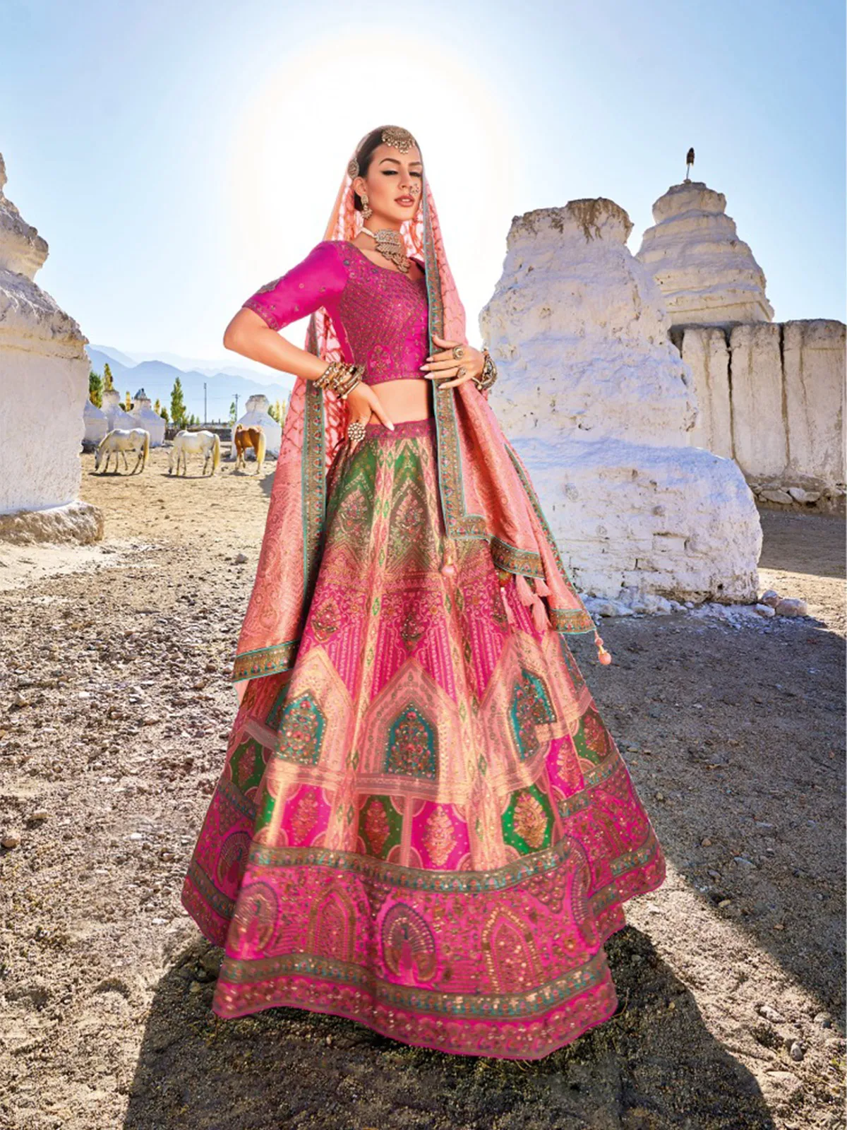 Magenta unstitched banarasi silk lehenga choli