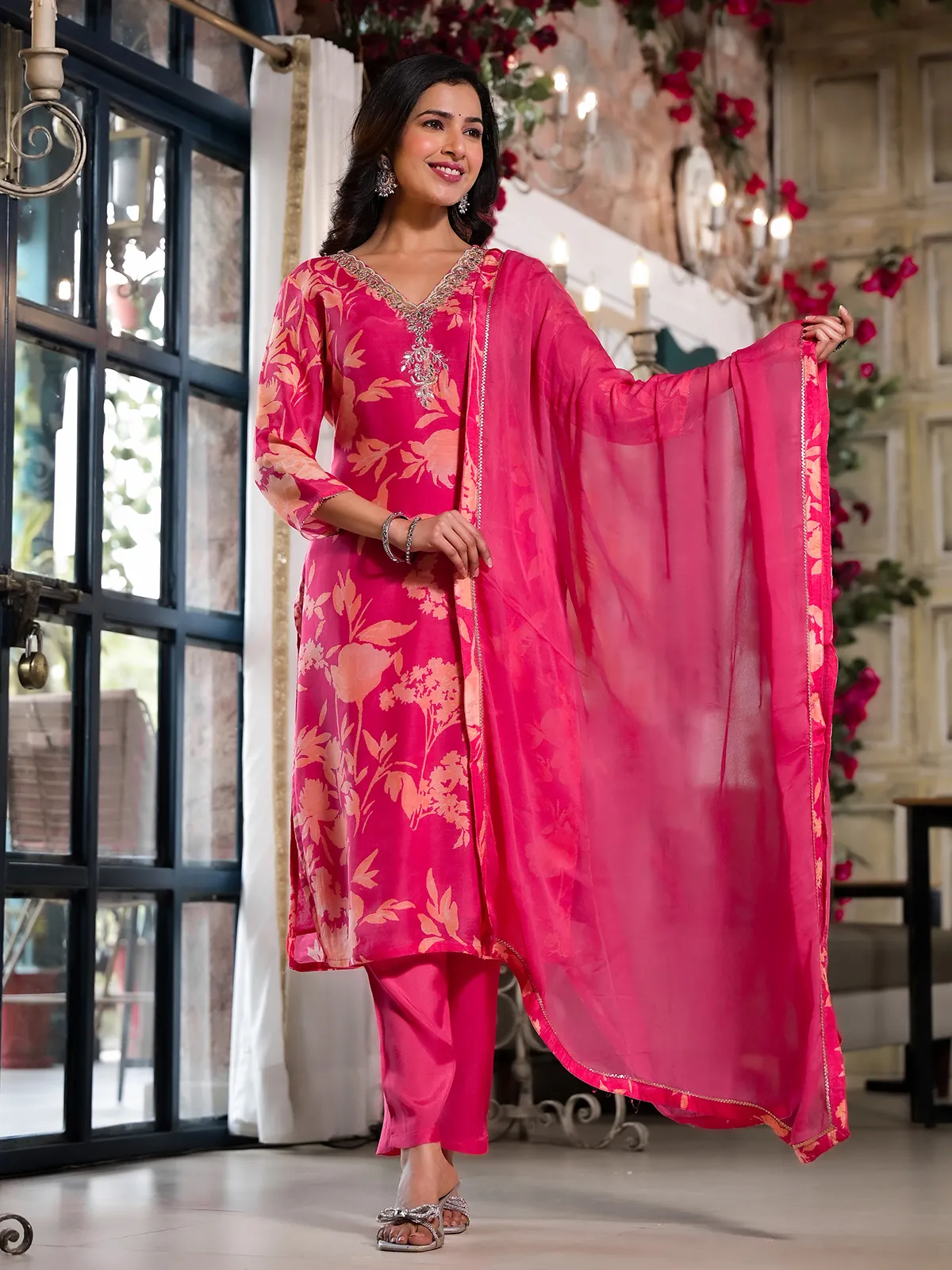 magentacotton printed kurti set with dupatta