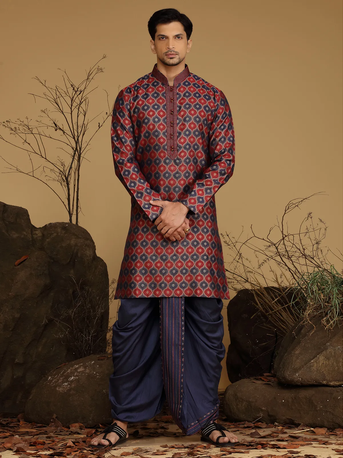 Maroon and navy silk  Men Kurta pajama