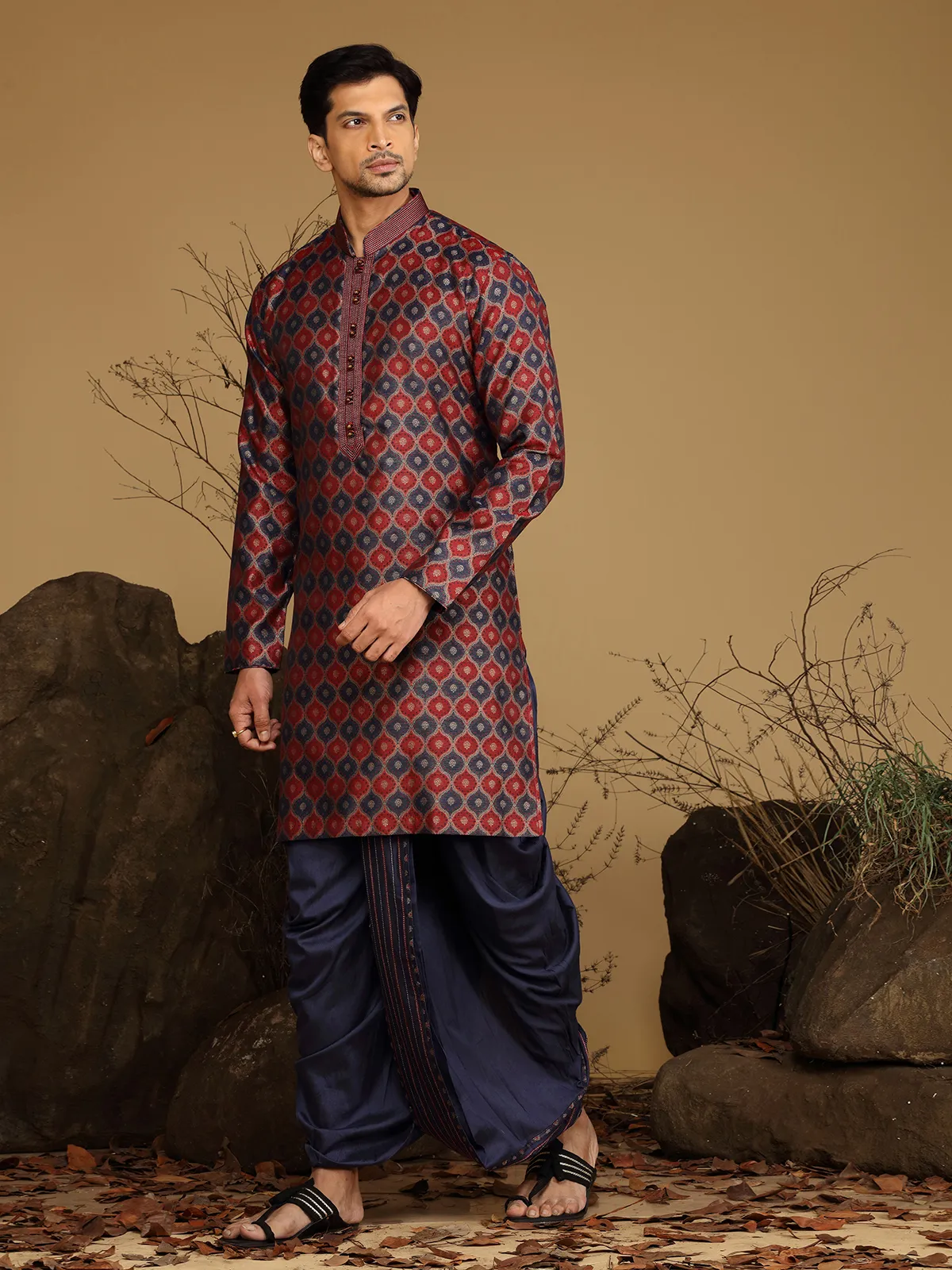 Maroon and navy silk  Men Kurta pajama