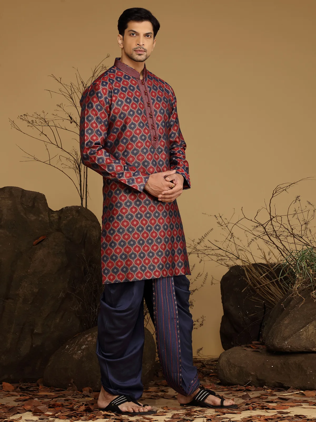 Maroon and navy silk kurta suit