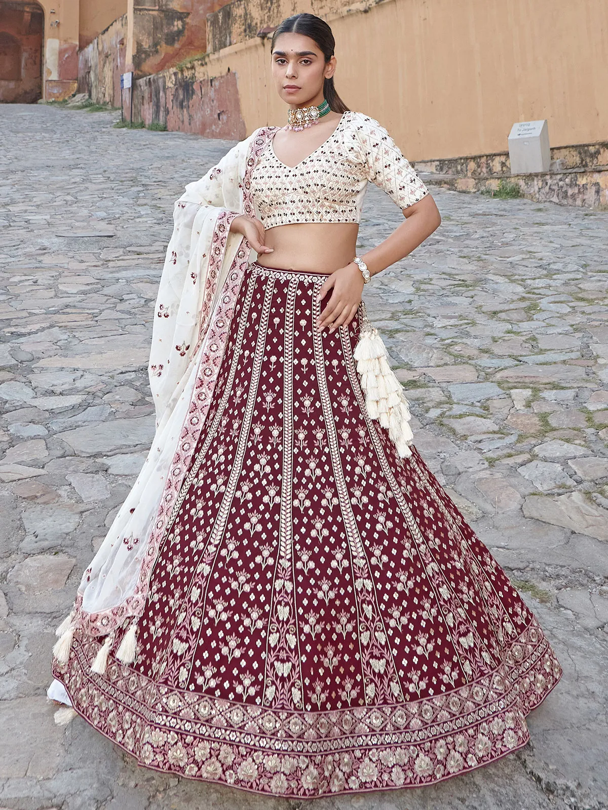 Maroon and white georgette lehenga choli