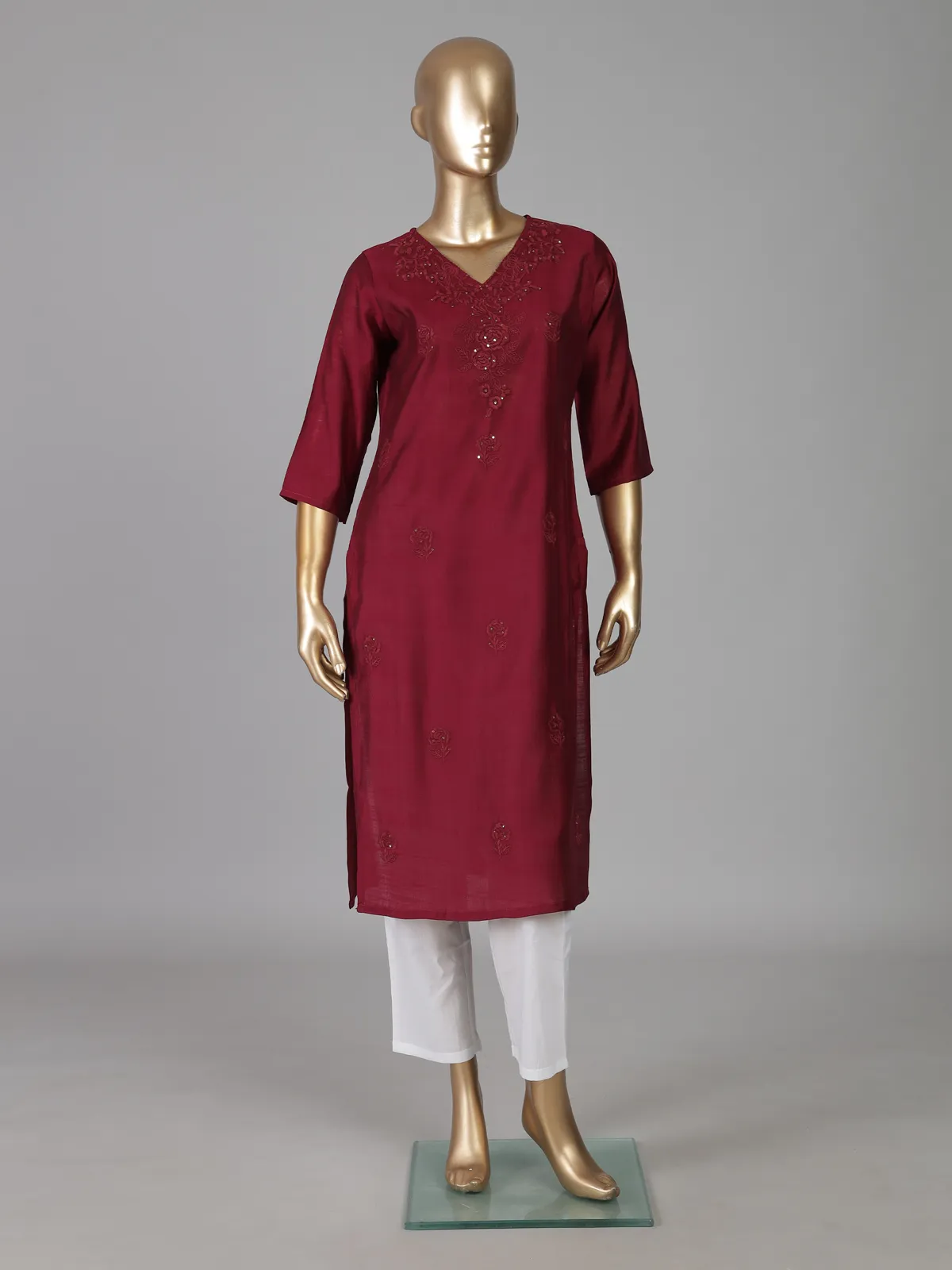 Maroon casual embroidered cotton silk kurti