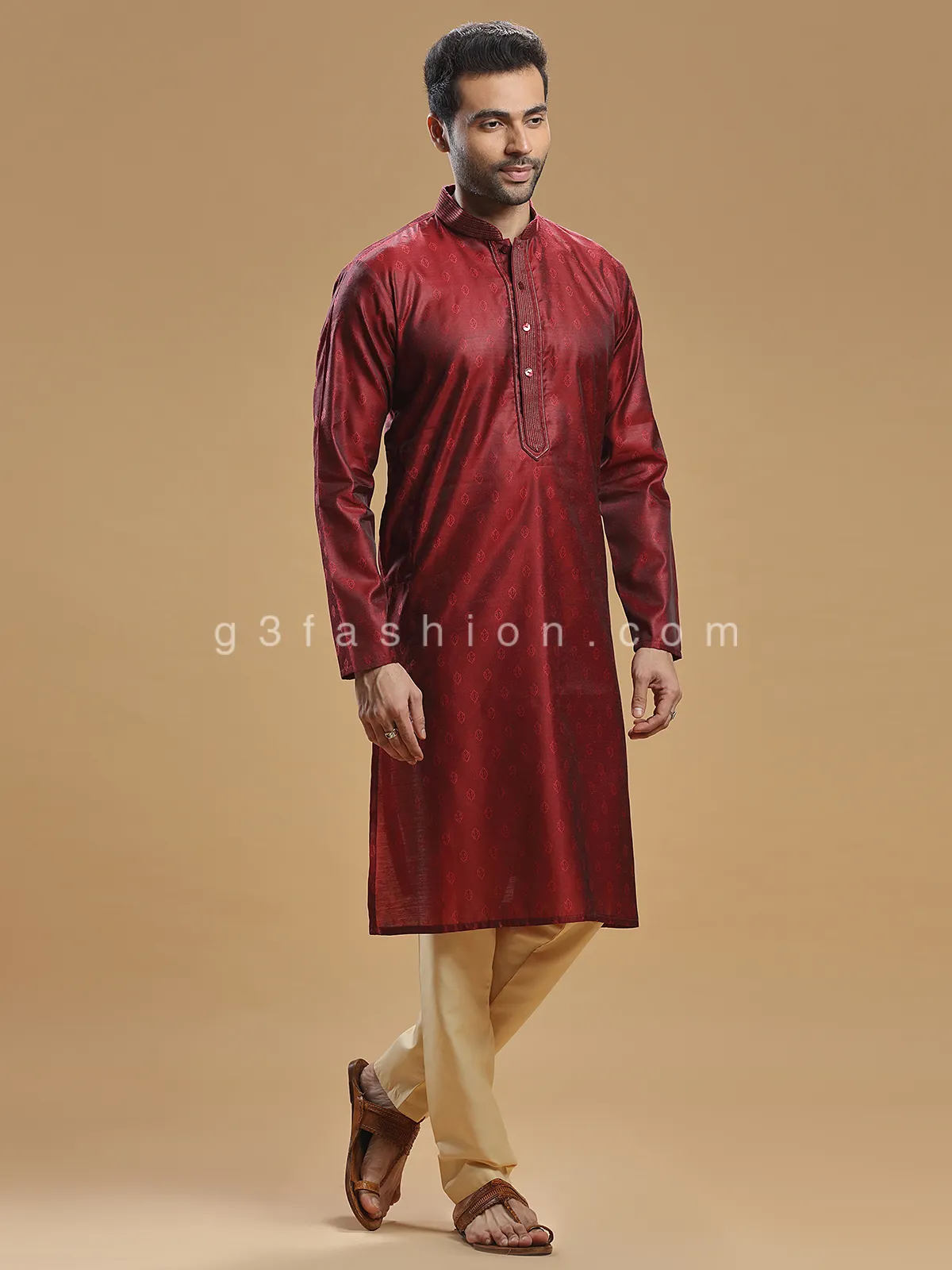 Maroon color silk Kurta Set for Men