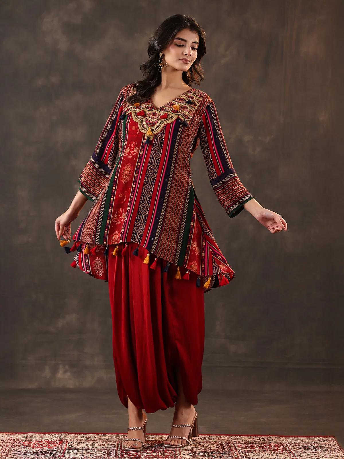 Maroon crepe silk mirror work dhoti suit