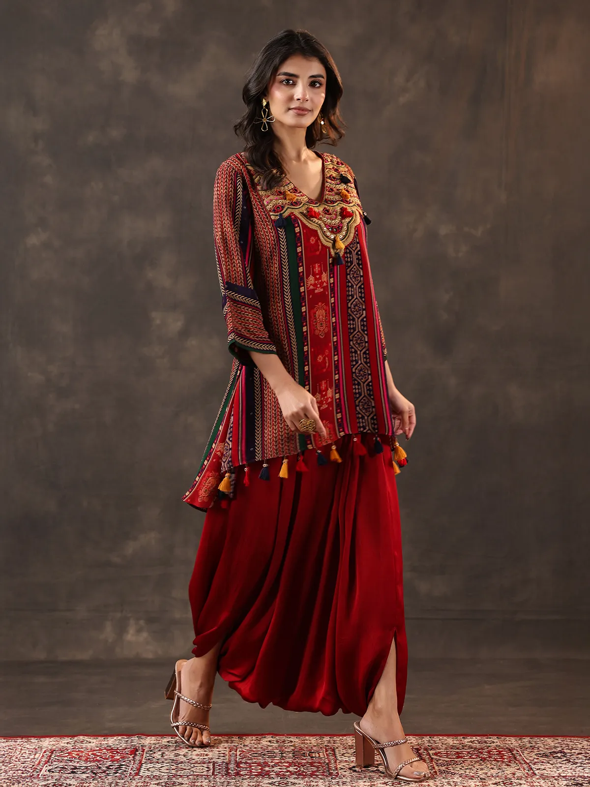 Maroon crepe silk mirror work dhoti suit