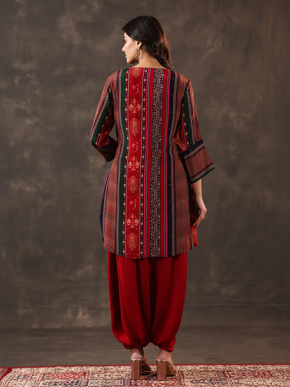 Maroon crepe silk mirror work dhoti suit