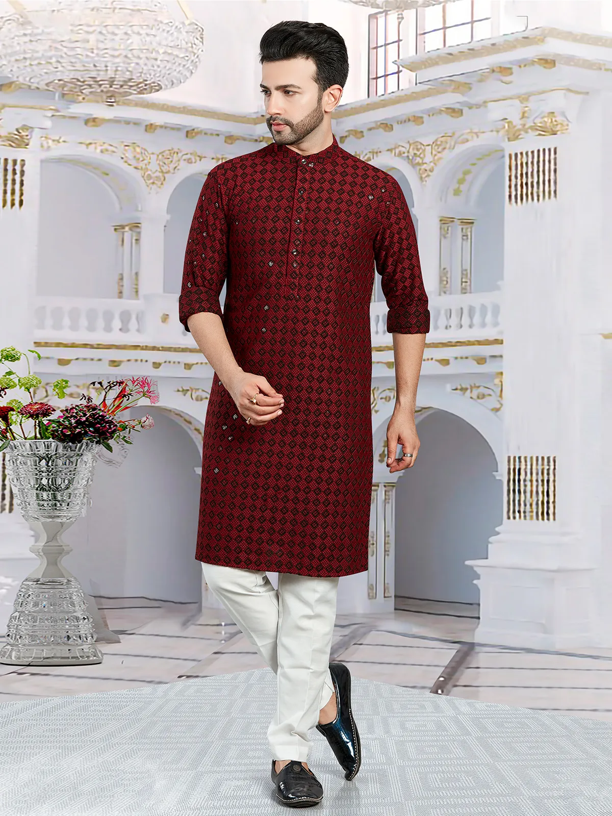 Maroon embroidery  Men Kurta pajama for festive