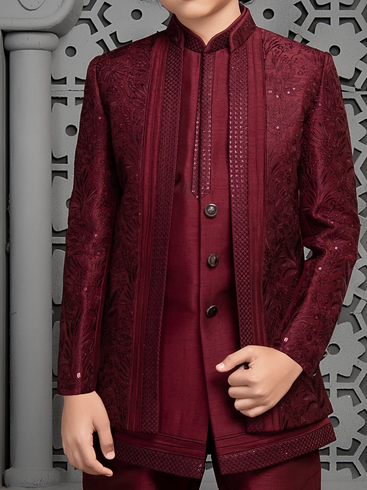 Maroon fabulous raw silk indo western for boys