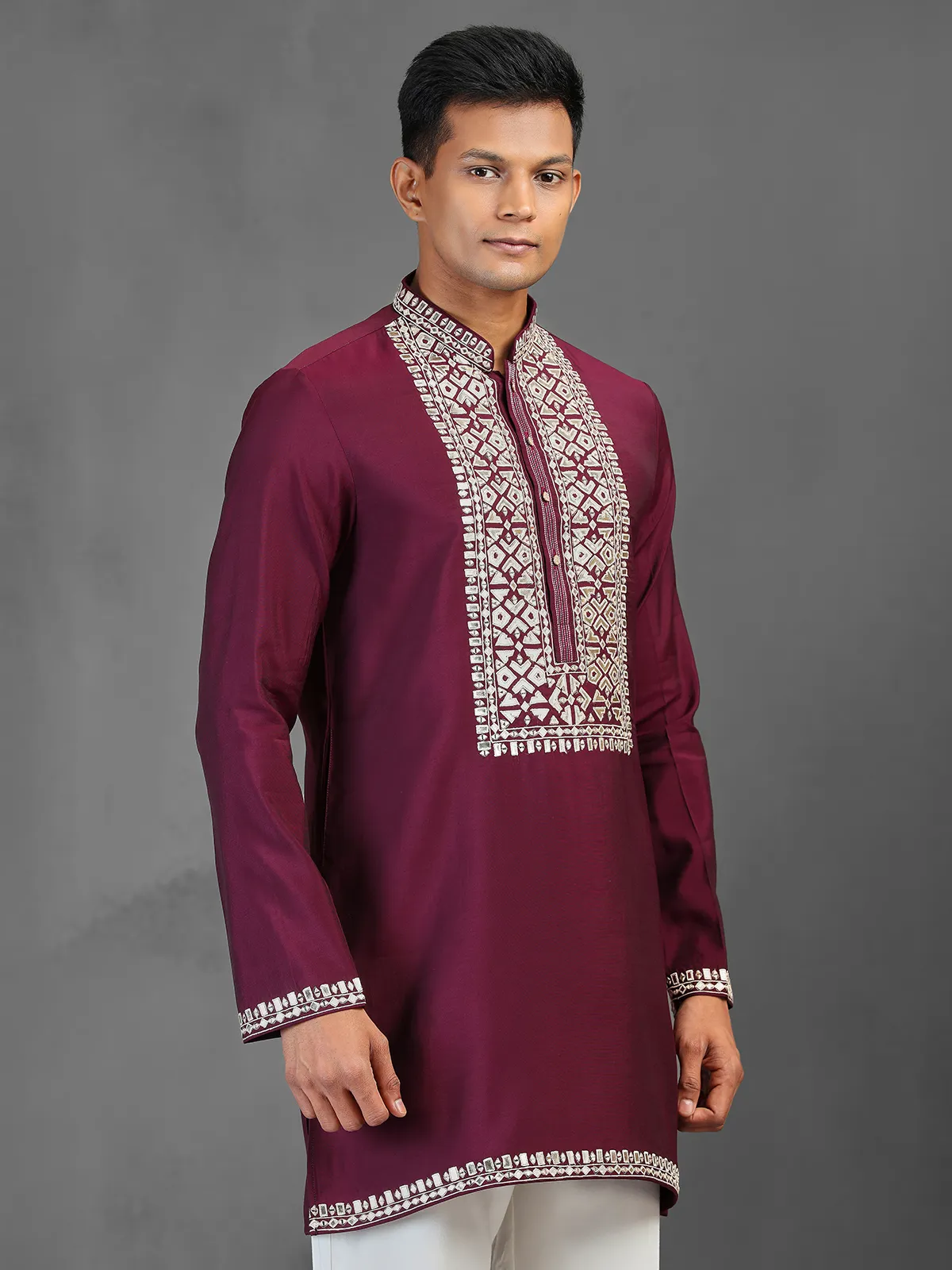 Maroon festive wear cotton silk kurta suit for men