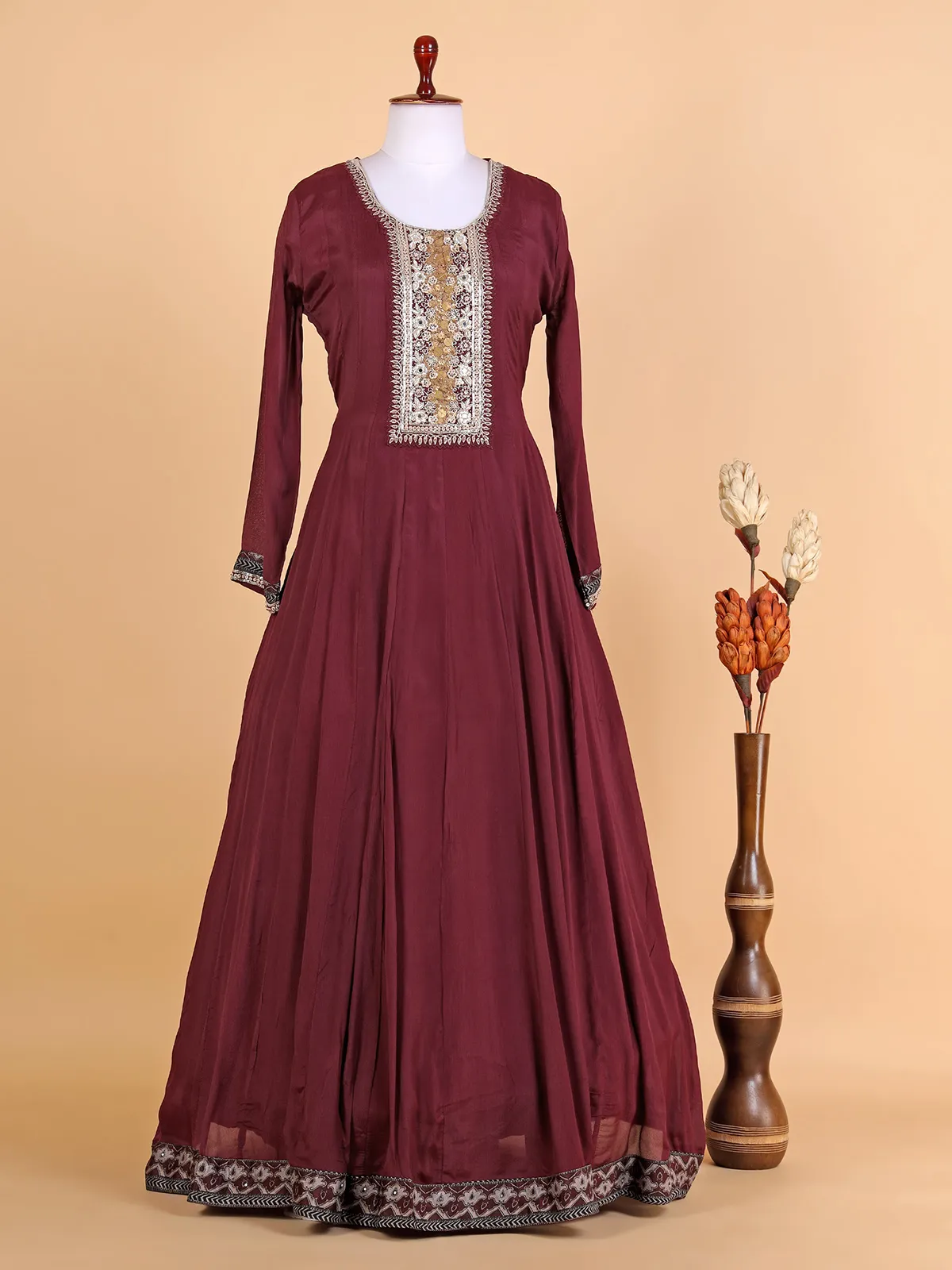 Maroon floor length suit with printed dupatta