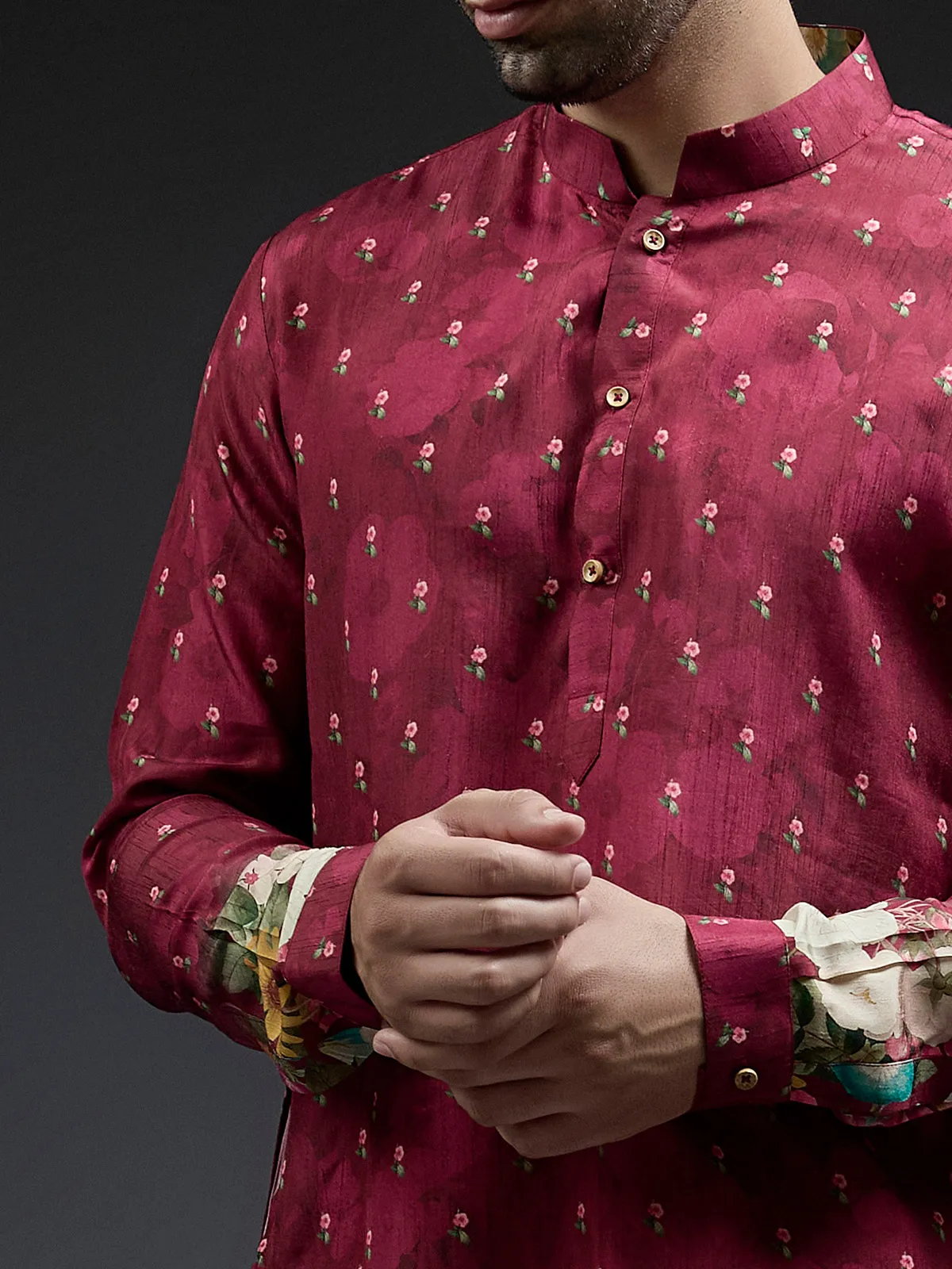Maroon flower floral print silk festive kurta suit