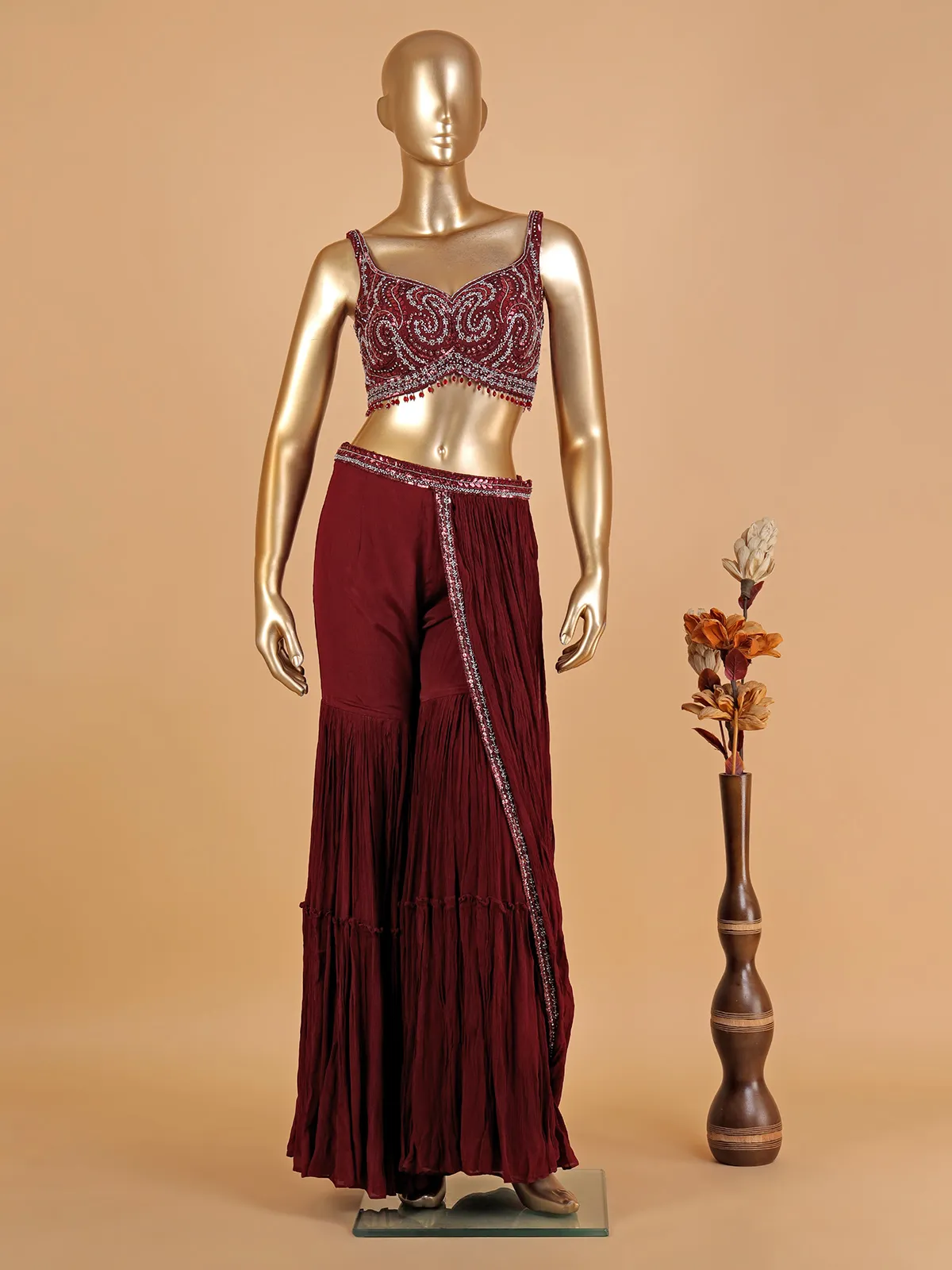 Maroon georgette sharara suit with attached drape