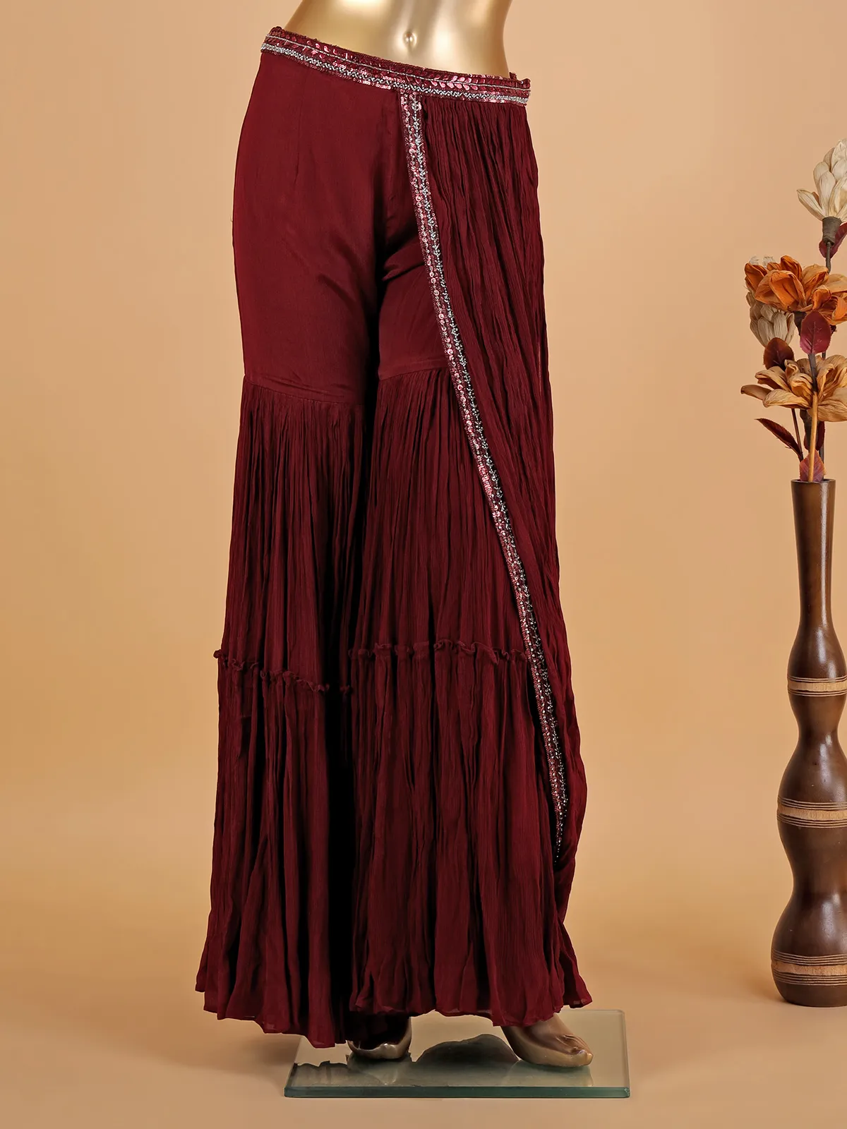 Maroon georgette sharara suit with attached drape