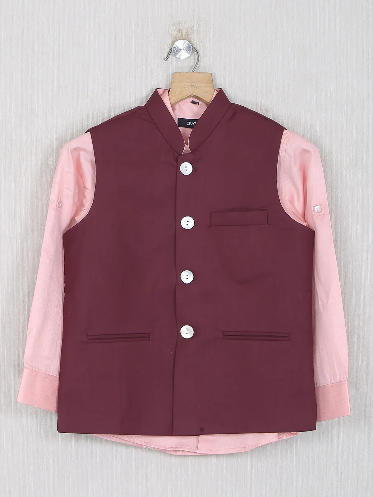 Maroon hued cotton silk waistcoat with shirt