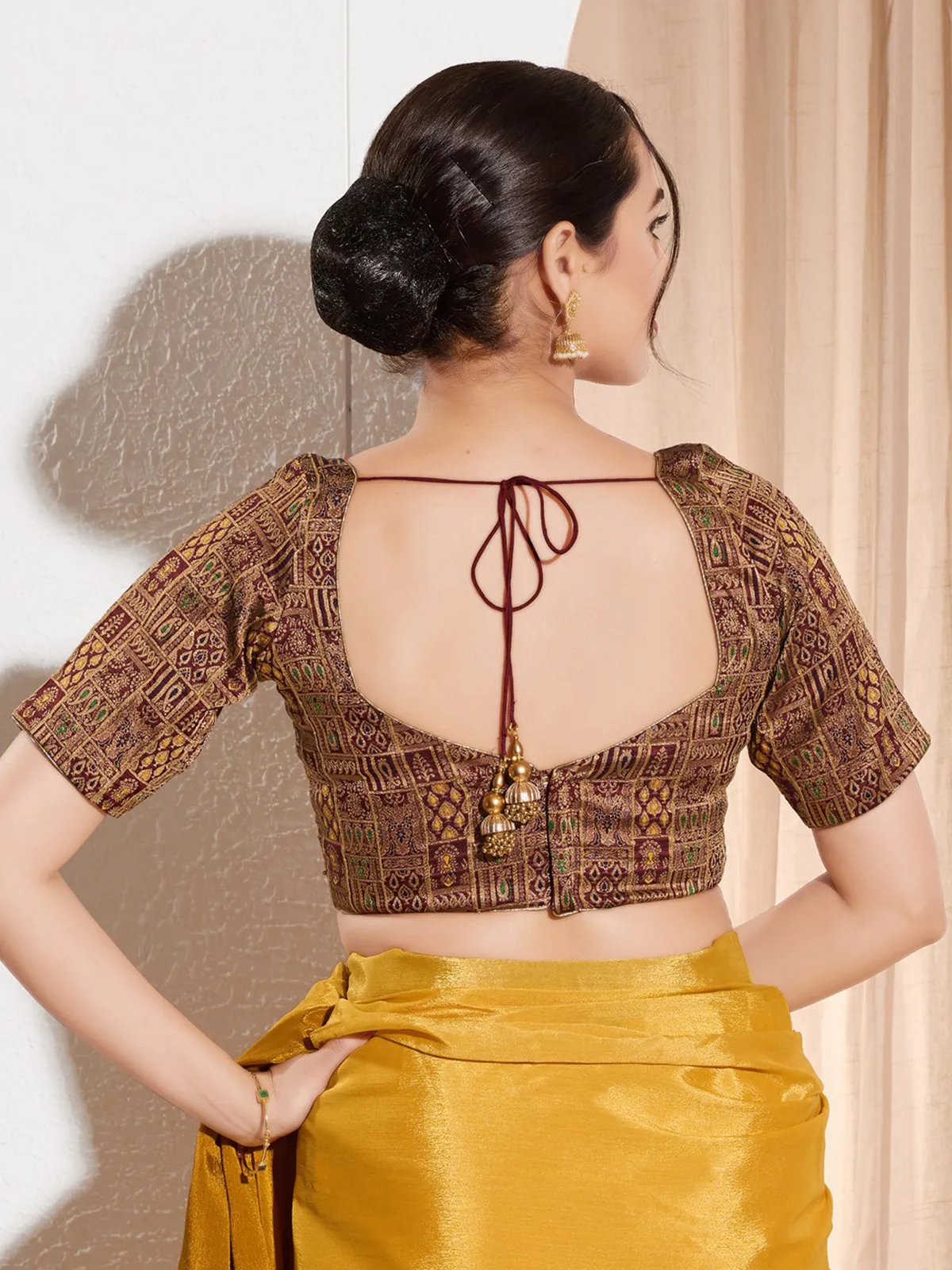 Maroon jacquard ready made blouse for women-G3-RB2206