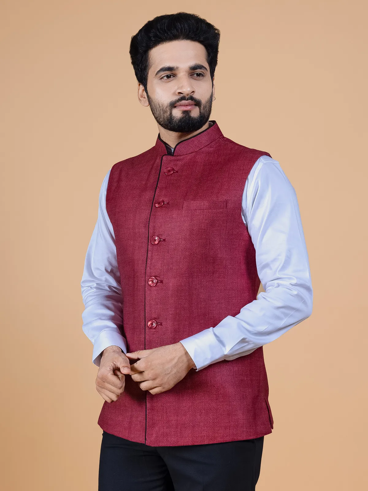 Maroon jute silk plain waistcoat