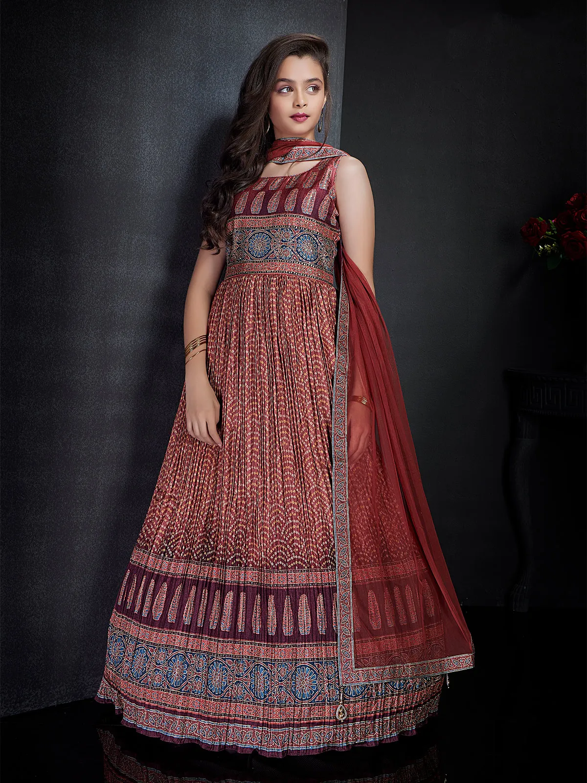 Maroon printed anarkali suit with dupatta