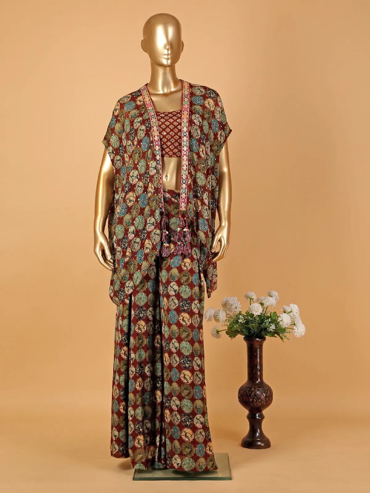 Maroon printed jacket style palazzo suit