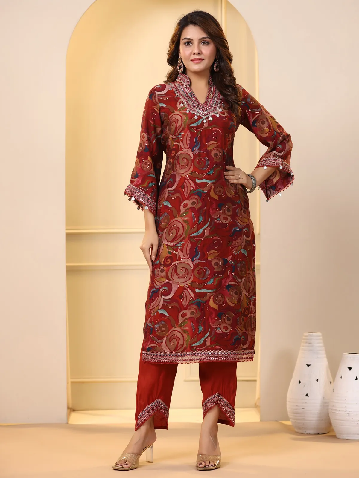 Maroon printed kurti with pant