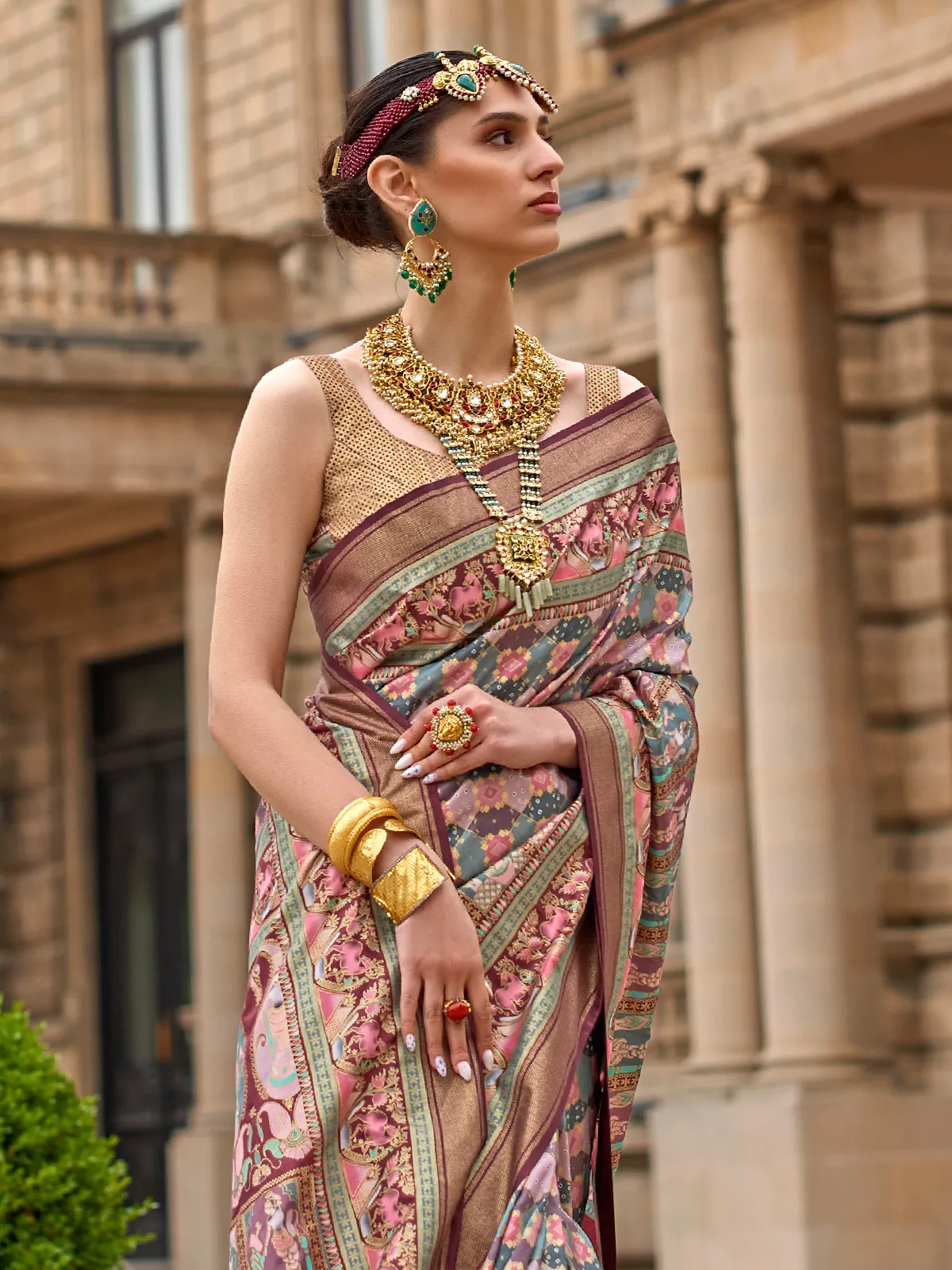 Maroon printed saree with zari border