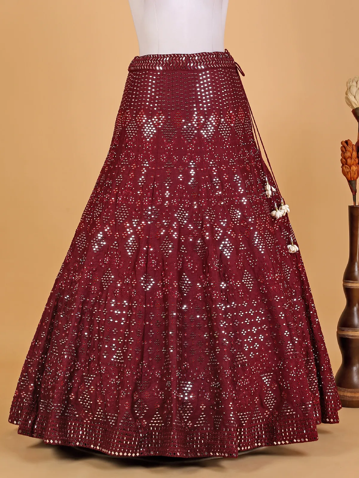 Maroon raw silk mirror work lehenga choli