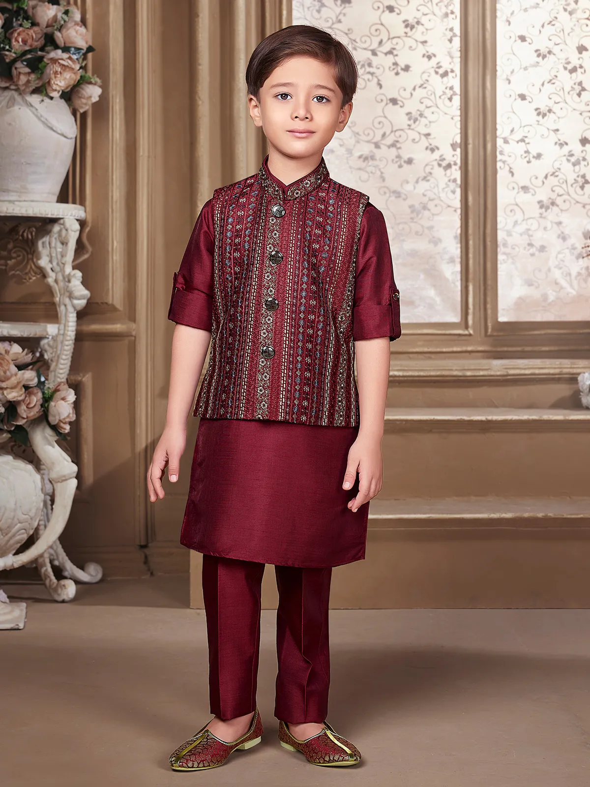 Maroon raw silk waistcoat set