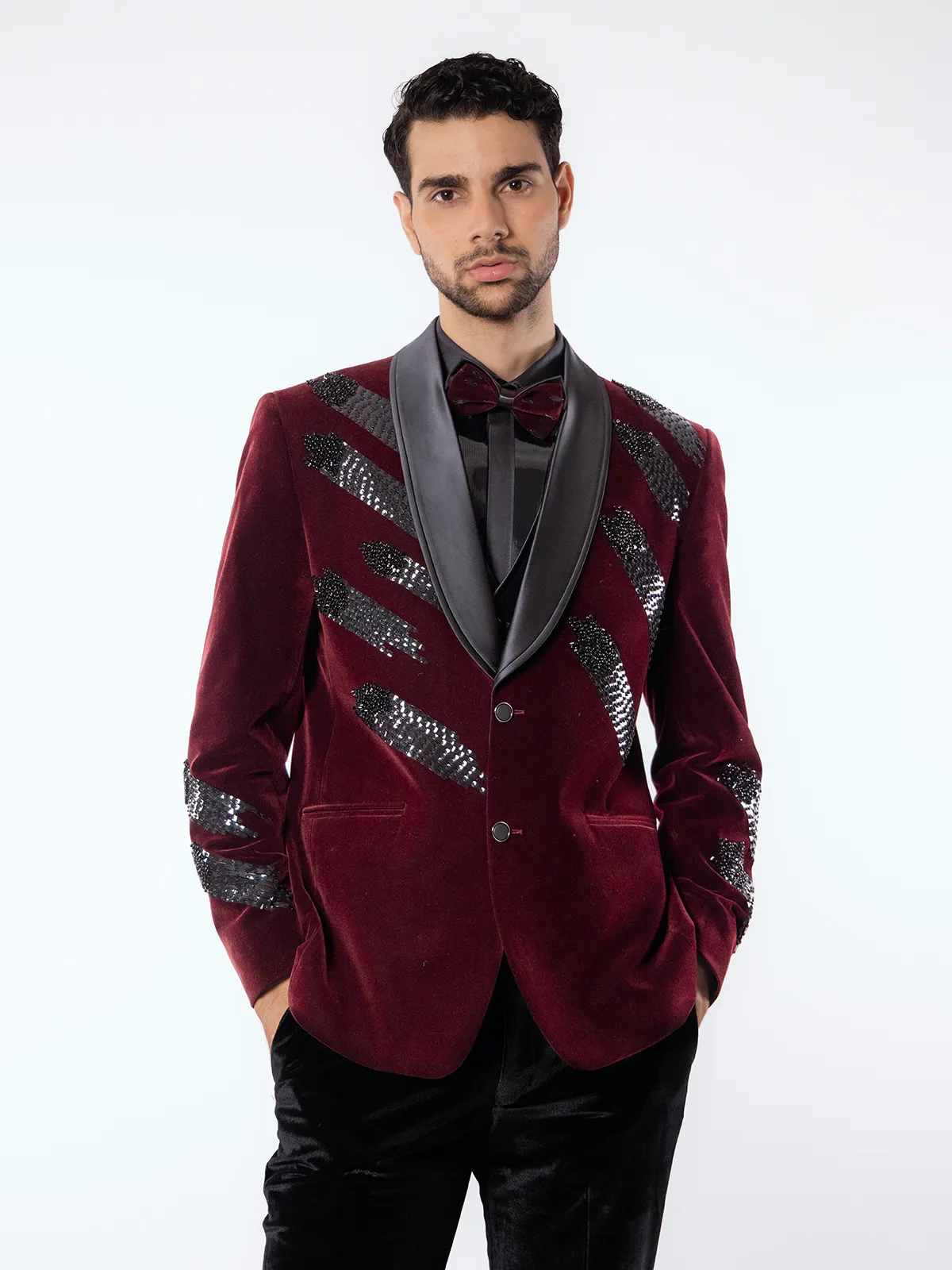 Maroon reception wear velvet coat suit in shawl lapel collar