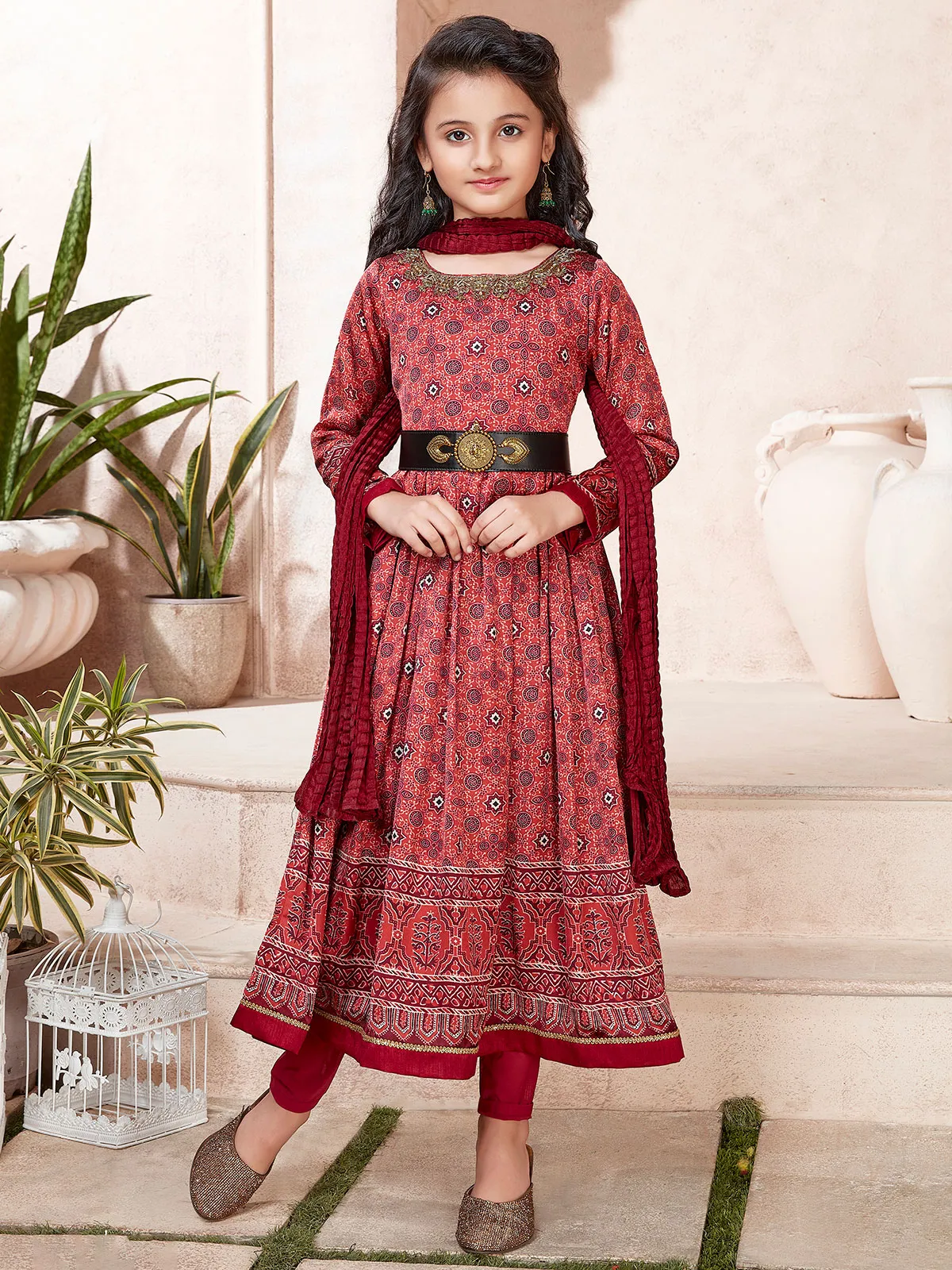 Maroon satin silk wedding wear anarkali suit