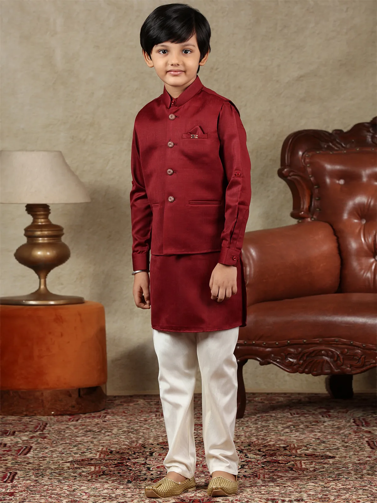 Maroon silk boys waistcoat set for parties