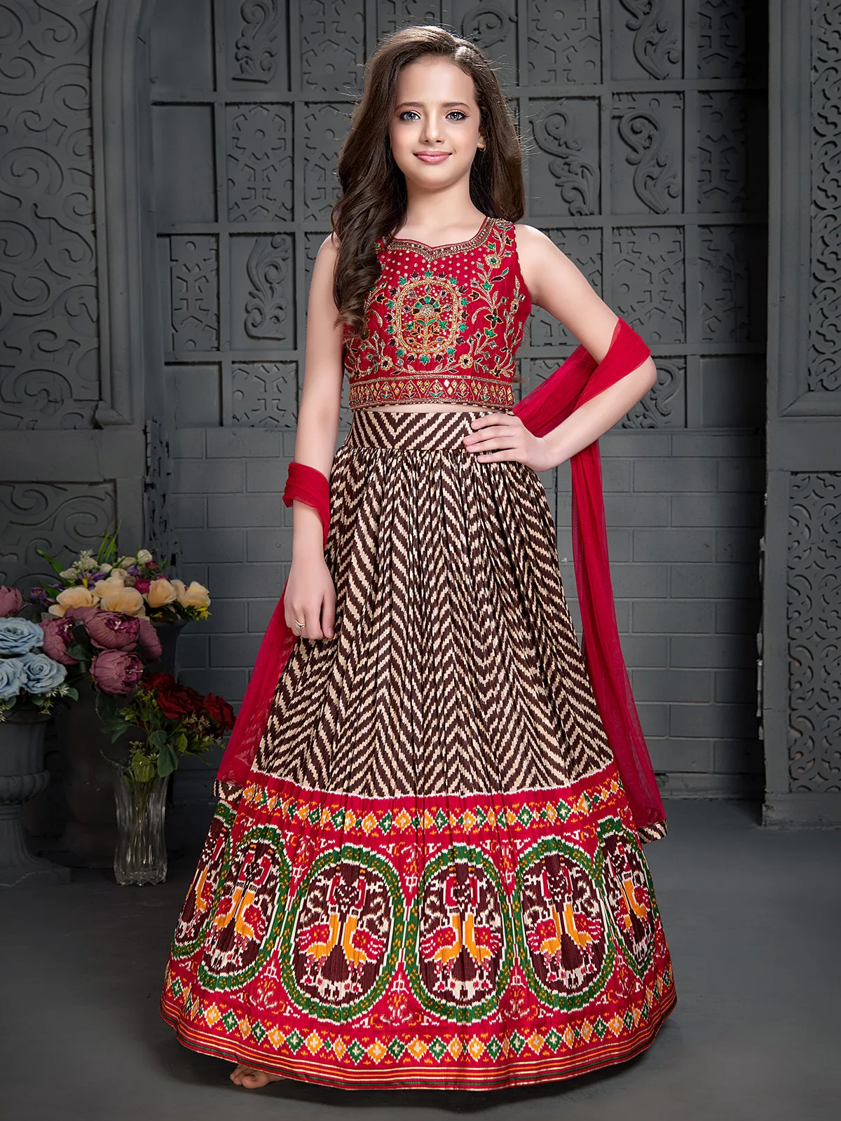 Maroon silk patola printed lehenga choli