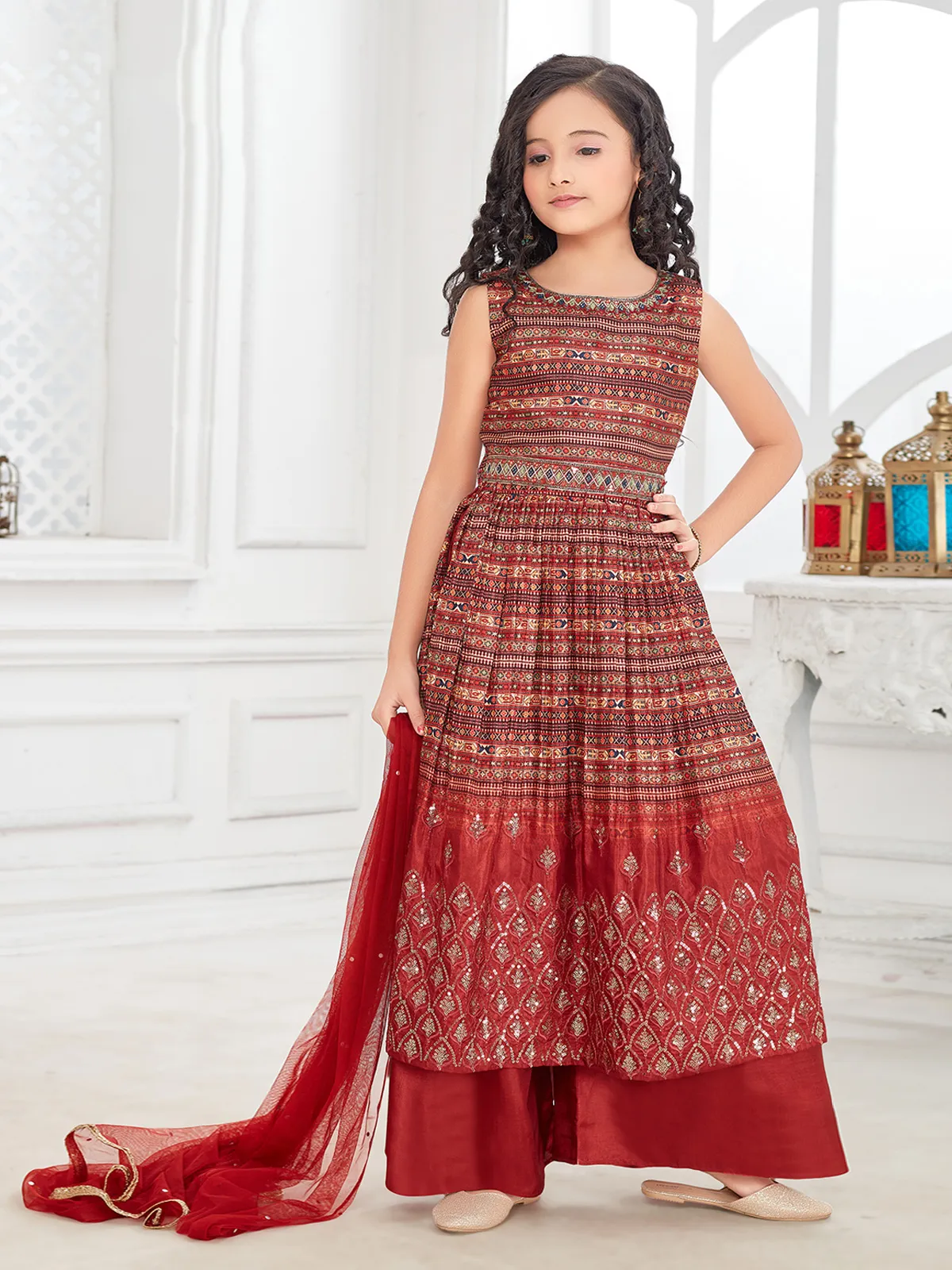 Maroon silk printed palazzo set with dupatta