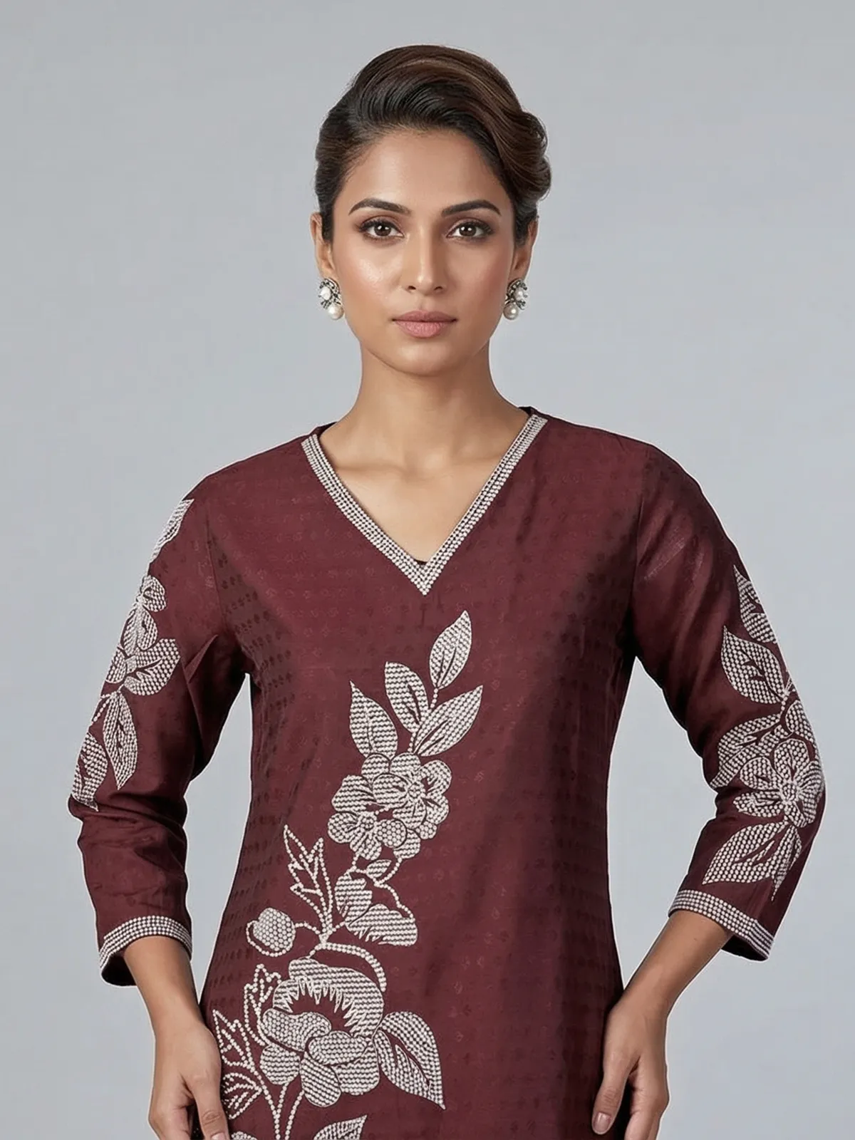 Maroon silk thread and sequins embellished casual kurti