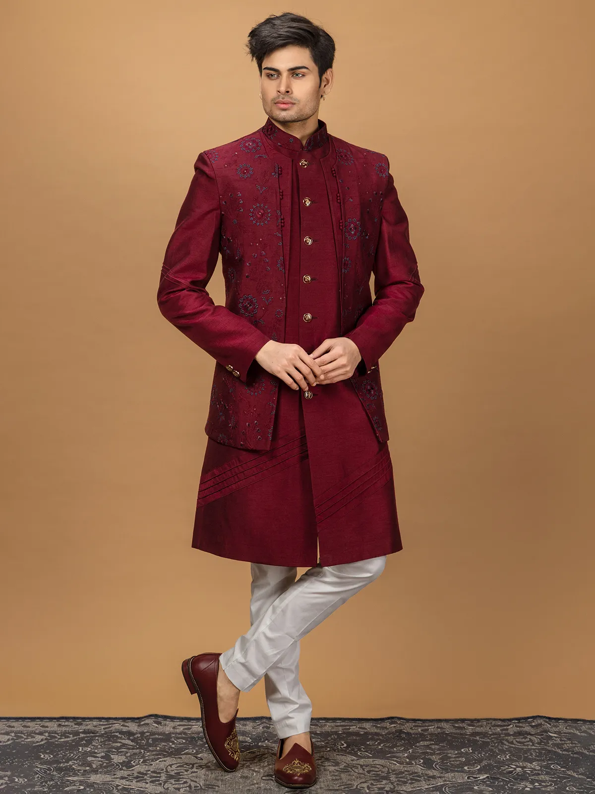 Maroon silk wedding indowestern