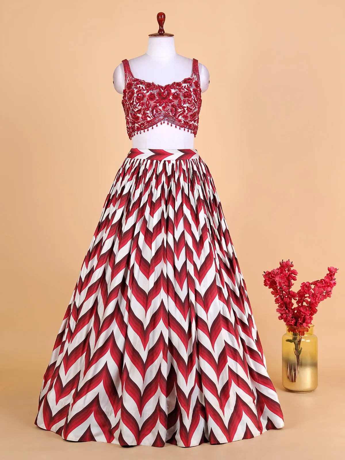 Maroon silk zig zag lehenga choli