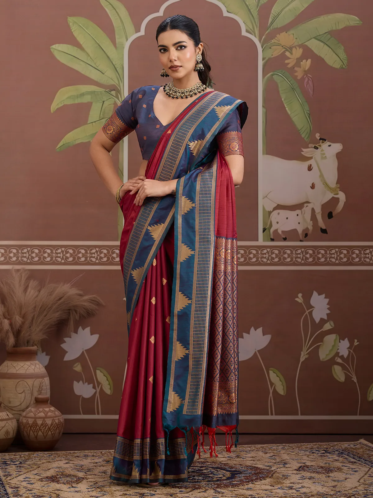 Maroon tussar silk saree with zari weaving
