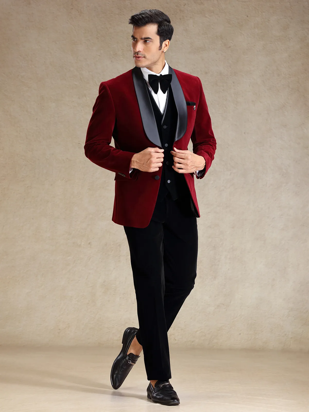Maroon velvet 5 pcs tuxedo suit for reception