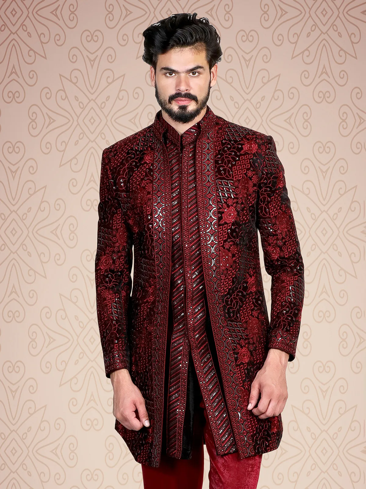 Maroon velvet embroidery indowestern